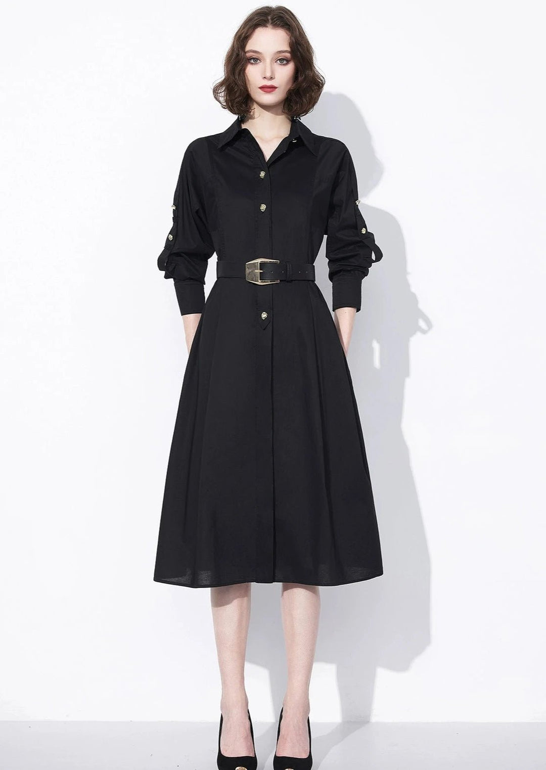 Black Elegant Shirt Dress - ANLEM