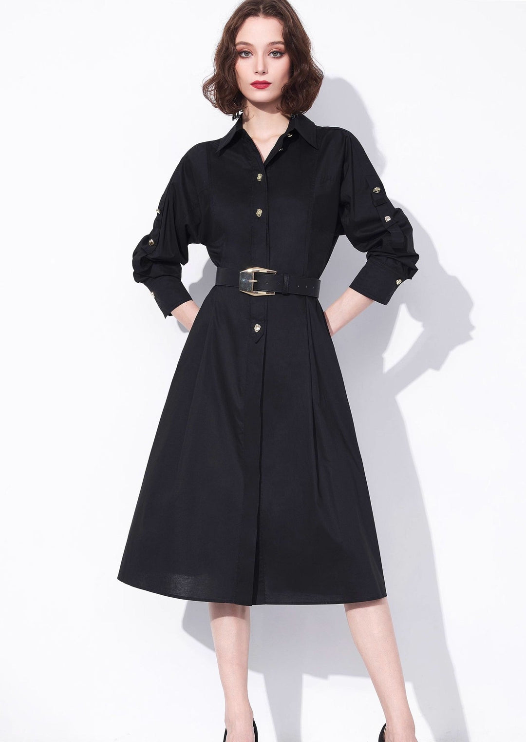 Black Elegant Shirt Dress - ANLEM