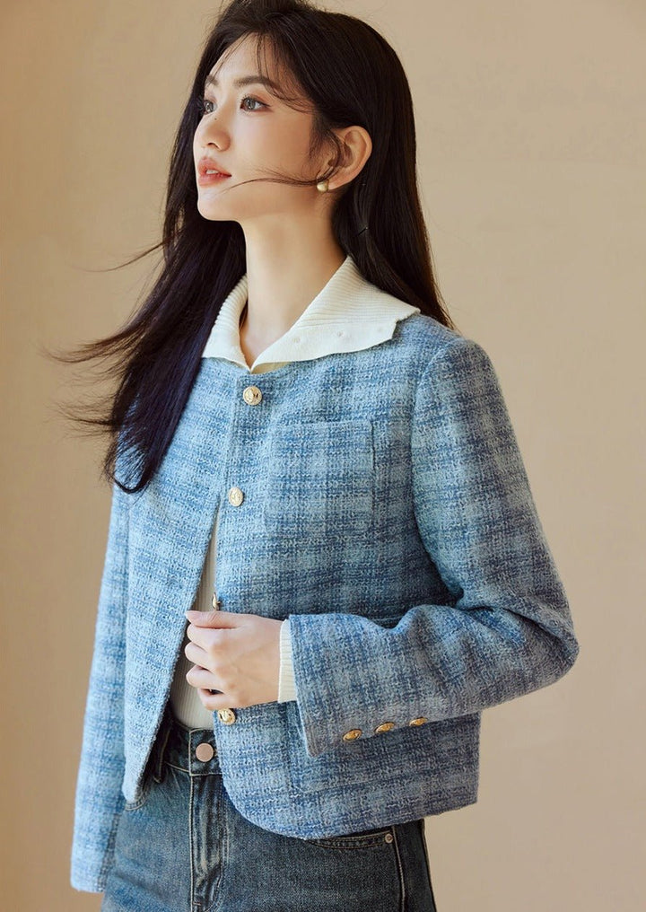 CREW NECK BLUE CHECK SHORT JACKET - ANLEM