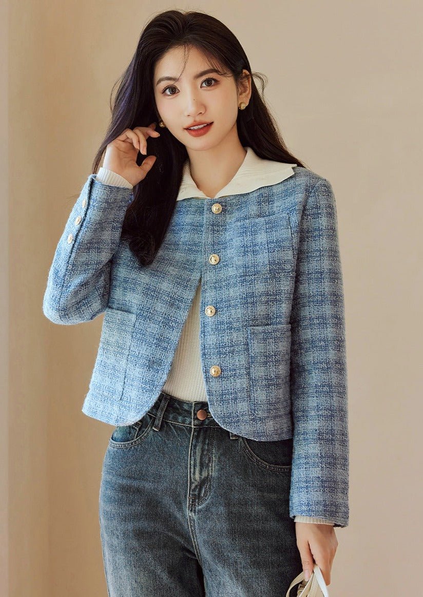 CREW NECK BLUE CHECK SHORT JACKET - ANLEM