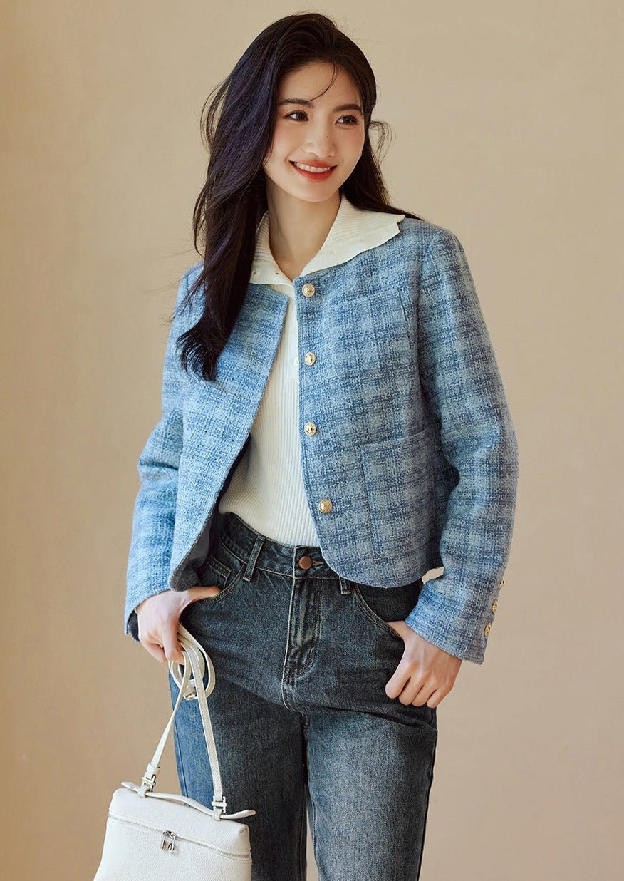 CREW NECK BLUE CHECK SHORT JACKET - ANLEM