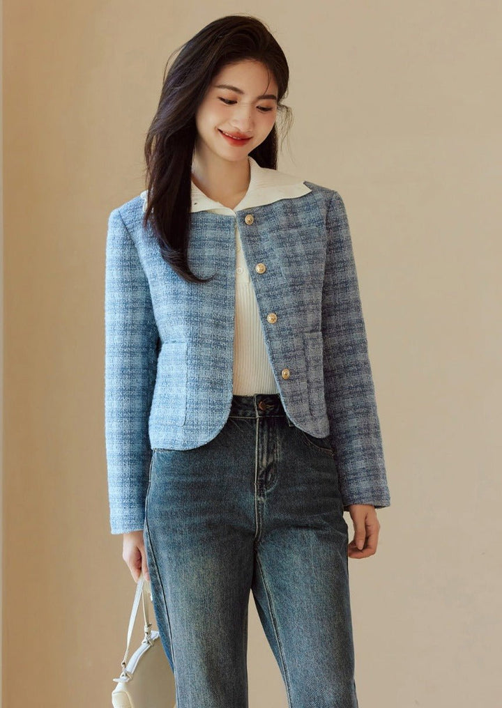 CREW NECK BLUE CHECK SHORT JACKET - ANLEM