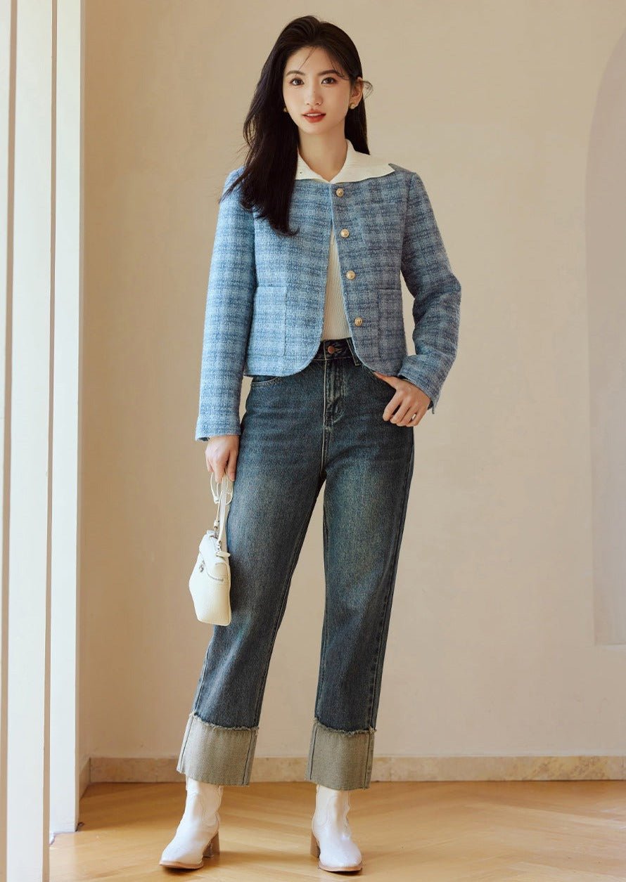 CREW NECK BLUE CHECK SHORT JACKET - ANLEM