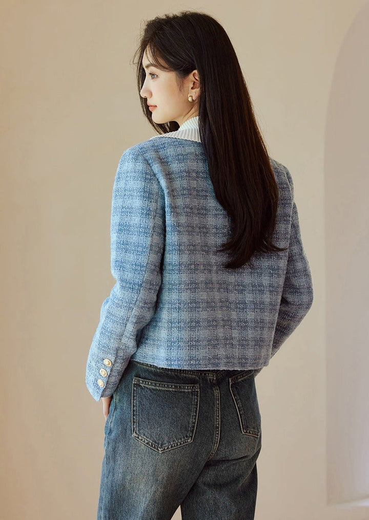 CREW NECK BLUE CHECK SHORT JACKET - ANLEM