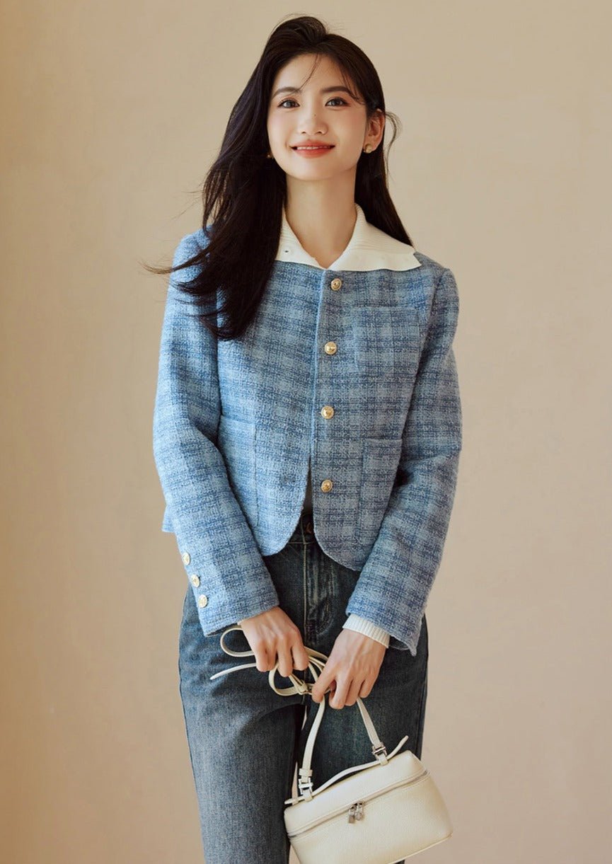 CREW NECK BLUE CHECK SHORT JACKET - ANLEM