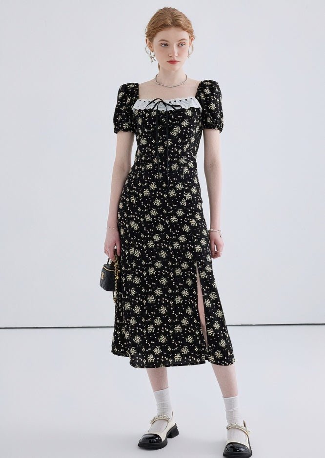 FLORAL SQUARE NECK PUFF SLEEVE DRESS - ANLEM