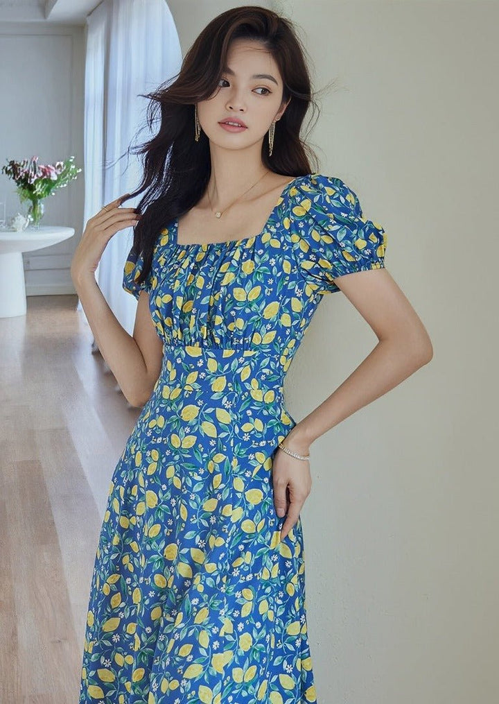 French Floral Square Neck Dress