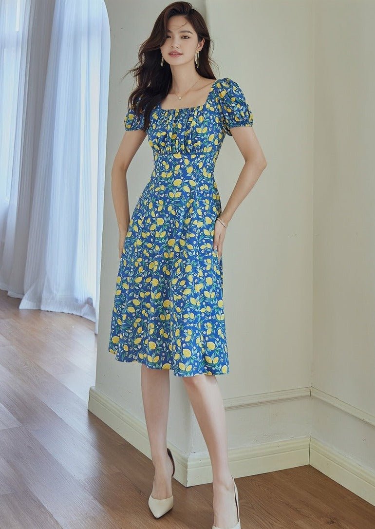 French Floral Square Neck Dress