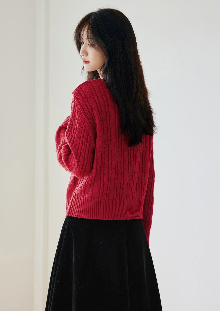 FRENCH LAPEL CABLE KNIT CARDIGAN TOP - ANLEM