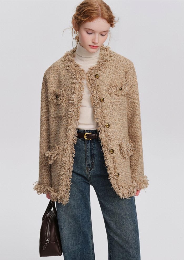 GOLD BUTTON FRINGE TWEED JACKET - ANLEM