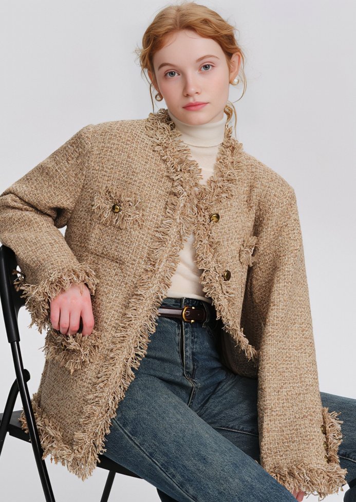 GOLD BUTTON FRINGE TWEED JACKET - ANLEM