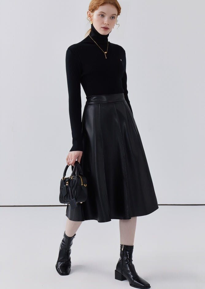 HIGH WAIST A-LINE MIDI LEATHER SKIRT - ANLEM