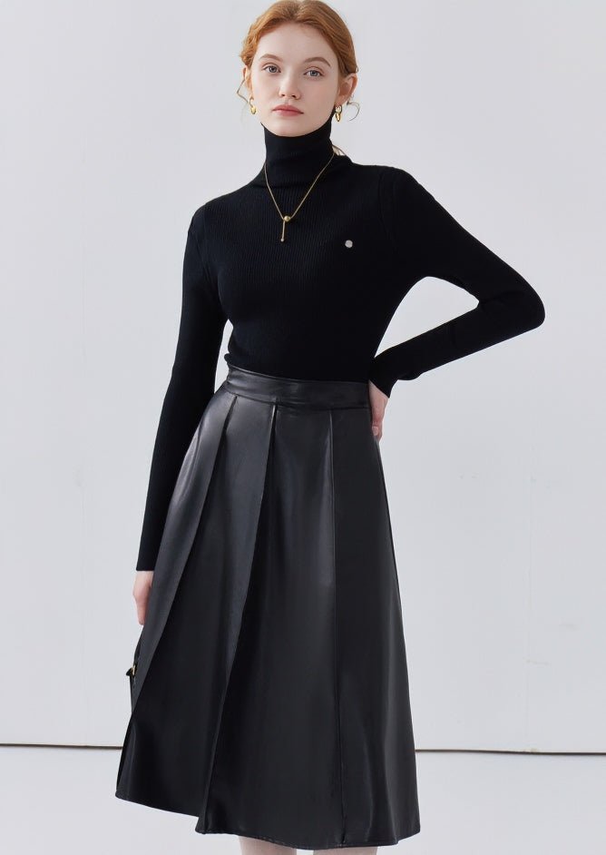 HIGH WAIST A-LINE MIDI LEATHER SKIRT - ANLEM