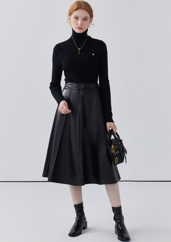 HIGH WAIST A-LINE MIDI LEATHER SKIRT - ANLEM