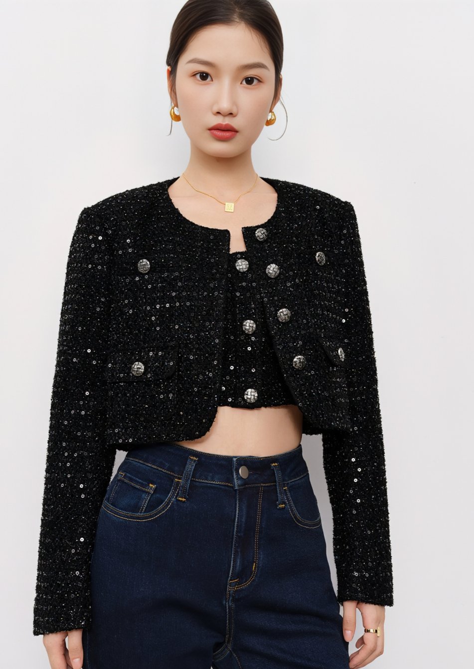 SEQUIN TWEED SHORT JACKET - ANLEM