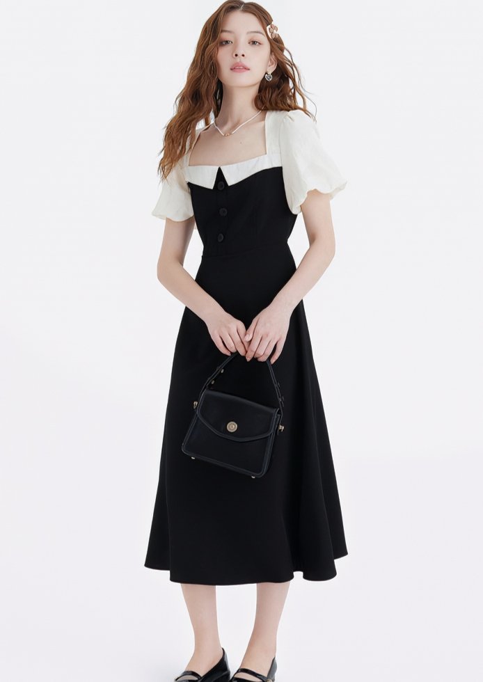 SQUARE NECK PUFF SLEEVE FRENCH DRESS - ANLEM